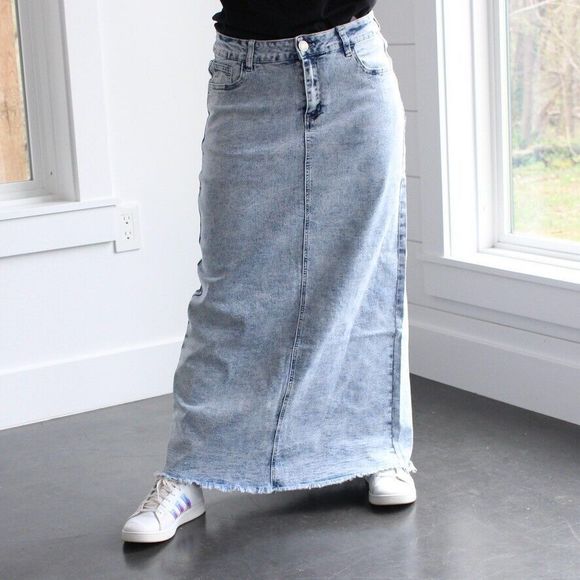 NWT Be-Girl Long Modest Acid Jean Skirt Sz Medium Sand Blush Maxi Stretch Denim - Picture 7 of 14